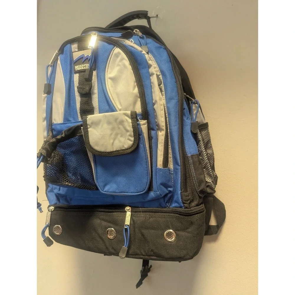 Mountain Terrain Backpack Black Blue Multi-Pockets School Backpack Zippered